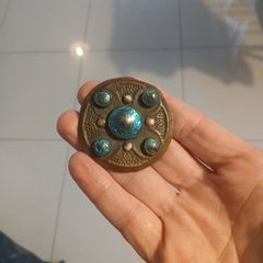 Antique arts and crafts copper brooch, Ruskin style ,foiled glass cabochons.c.1900 _1920