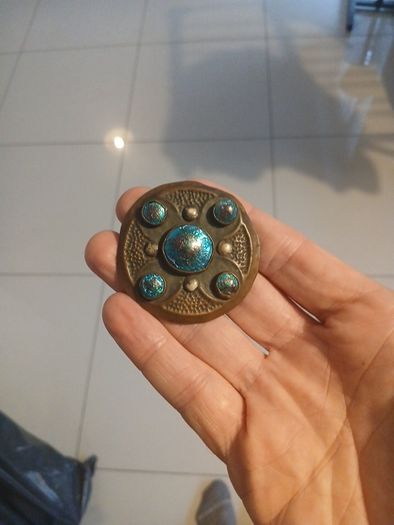 Antique arts and crafts copper brooch, Ruskin style ,foiled glass cabochons.c.1900 _1920