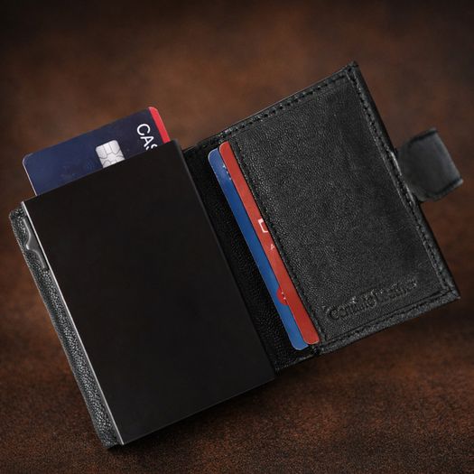Genuine Leather Pop-Up Card Holder Wallet RFID Blocking Slim Credit Card Case
