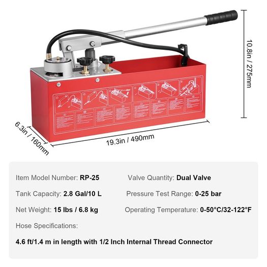 Hydrostatic Test Pump, Max 25 bar/362 PSI, Dual Valve Hydraulic Manual Water Pressure Tester Kit with Gauge 2.8 Gal Water Tank, 4.6 ft Hose with 1/2 inch External Thread Connector for Pipeline