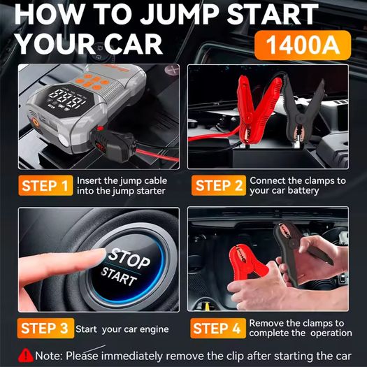 Car Jump Starter with Air Compressor Smart Intelligent Starters Peak Current 1400A