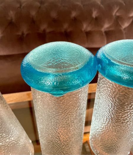 Set of Glass Genie Bottles with Turquoise Blue Flame Stoppers and Tall Containers with Mushroom Lids MCM Retro