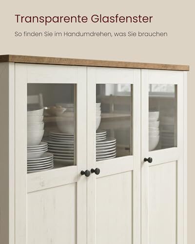 Sideboard Kitchen Cabinet Storage Cabinet with Glass Doors for Living Room Kitchen Dining Room Steel Frame Industrial Style Honey Brown Vintage White
