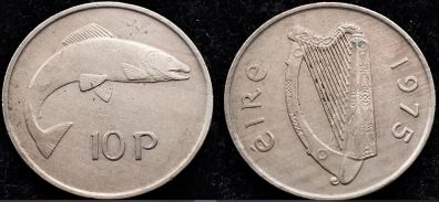 [#1042] - Ireland 1975 | 10 Pence | Irish 10p | Salmon | KM.23