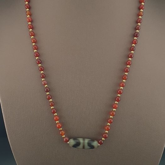 Antique Zigzag Tibetan Agate Pendant With Carnelian Beads Necklace