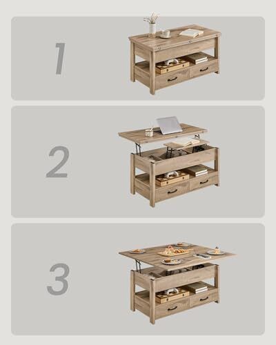 Coffee Table Height Adjustable Gas Cylinder 2 Drawers Camel Brown