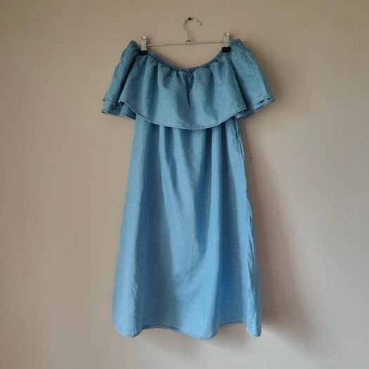 Blue Denim Ruffle off shoulder dress, size 10