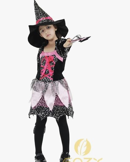 Dazzling Kids Witch Dress with Hat, Wand, and Candy Bag for 7-9 and 5-6 Years old