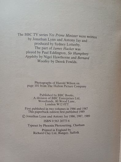 Yes Prime Minister (BBC Comedy Paperback 1989)