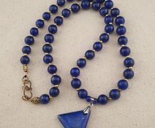 Vintage Lapis Lazuli Beads with Silver Triangle Lapis Pendant Necklace