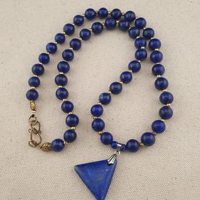 Vintage Lapis Lazuli Beads with Silver Triangle Lapis Pendant Necklace