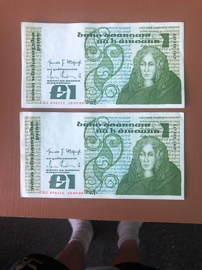 Two irish one pound punt notes
