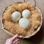 Three ostrich eggs in a large wicker basket with straw Image 2