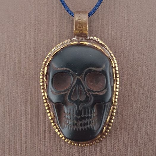 Vintage Gold Plated brass Floral Desgin &carved Skull shape Jade Pendant