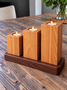 Handmade Rustic Wood Tea-light Candle Holder Set