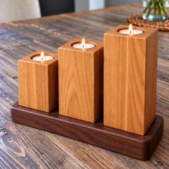 Handmade Rustic Wood Tea-light Candle Holder Set