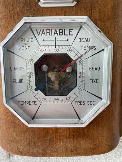 Vintage French Wall Barometer & Thermometer. Mid-Century Rustic Weather Station