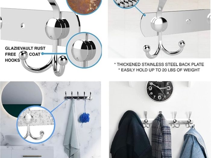 Coat Hooks for Wall - Stainless Steel Coat Racks (2 Pack) - Heavy Duty Coat Hooks Wall Mounted - Premium Design Rust Free Coat Hanger Wall for Robe and Clothes (FREE POSTAGE)
