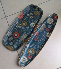 Vintage Mid Century Fibreglass Sandwich Tray, Brown Floral Hostess Serving Tray
