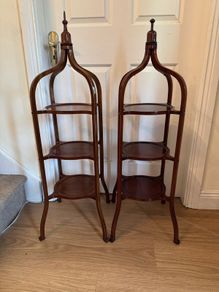 Pair of Large Antique Sheraton Style Inlaid Mahogany 3-Tier Stands