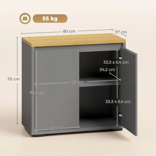 Kitchen Sideboard Storage Cabinet with 2 Doors & Adjustable Shelf, Multipurpose Cupboard for Living Room, Hallway & Entryway, Grey