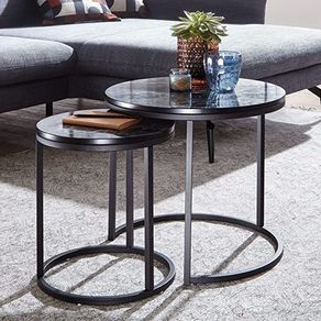 Side Table, Set of 2 Marble Look Round Coffee Table, 2-Piece Table Frame Metal, Small Living