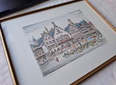 Original Friedrich Gortitz Signed Coloured Etching Frankfurt