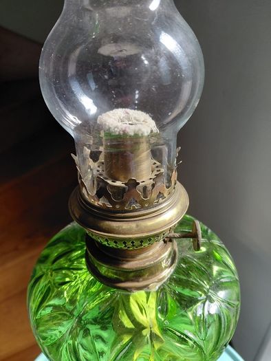 antique French large green glass oil lamp, works