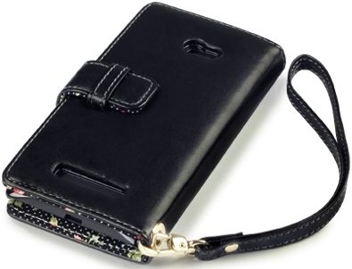 New Htc Windows Phone 8x Premium Pu Leather Wallet Black & Hot Pink  With Floral Interior / Black With Tan Inside