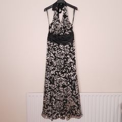 Phase Eight Black Cream Floral Rose Halter Neck Backless Silk Maxi/Midi Evening Dress 12UK/40EU