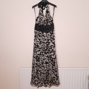 Phase Eight Black Cream Floral Rose Halter Neck Backless Silk Maxi/Midi Evening Dress 12UK/40EU