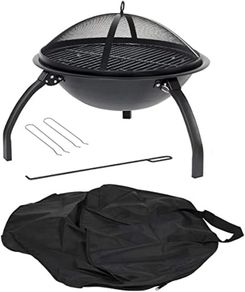 Camping Firebowl with Grill, Folding Legs and Carry Bag - Black