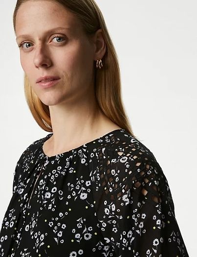 M&S Printed Tie Neck Knee Length Dress. Size 14L. New