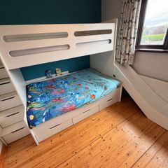White Triple Bunk Bed with Drawers and Slide
