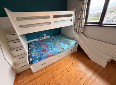 White Triple Bunk Bed with Drawers and Slide