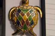Vintage Gold Tone Multi Coloured Turtle Brooch