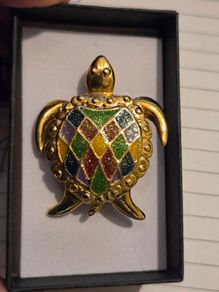 Vintage Gold Tone Multi Coloured Turtle Brooch