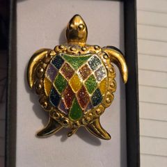 Vintage Gold Tone Multi Coloured Turtle Brooch