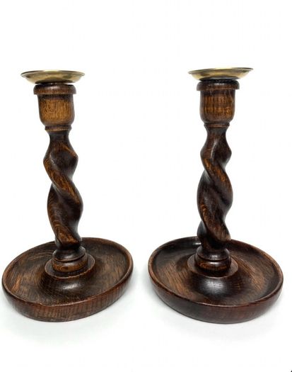 antique oak barley twist candle holders