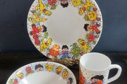 Vintage Rare Collectable Arcopal France Childrens Milk Glass Dining Set with Haribo Sweets Motifs, Consisting of A Mug, Cereal Bowl and 20cm Plate, circa 1970