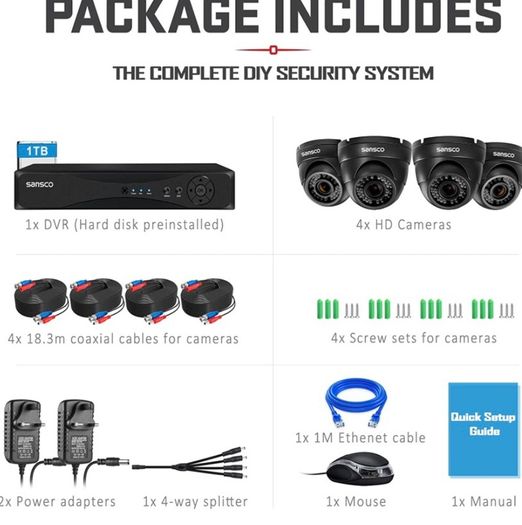 HD CCTV Security Camera System, 4 Channel 5MP DVR with (4) 2MP In/Outdoor Dome Surveillance Cameras and 1TB Hard Drive 1920x1080P, All Metal and Vandal-Proof Housing, Continuous/Motion Recording, Rapid USB Backup, Easy Mobile Viewing, Instant Push Notific