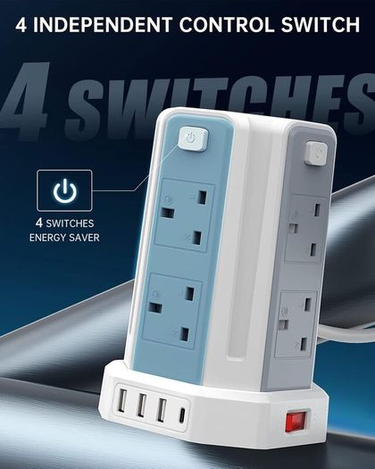 Tower Extension Lead 5M, (13A 3250W), 8 AC Outlets and 4 USB Ports Extension Tower, Surge Protection with 4 Independent Control Switch, Extension Cable for Office, Home, Kitchen