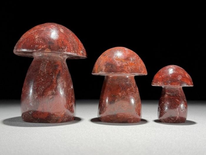3 Hand-Carved Red Jasper Mushroom Sculptures - Natural Stone