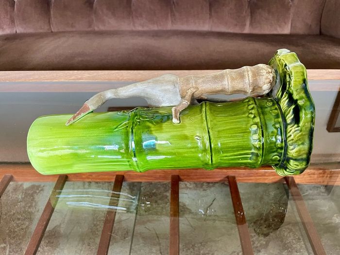 Antique Art Pottery Bretby Pottery 1890s Bamboo and Stork Large Spill Vase