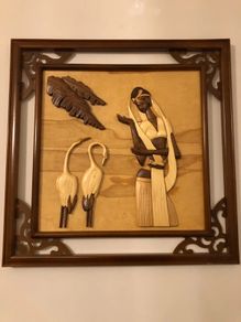 Vintage 60cm Vietnamese 3D Wood Intarsia Relief Art - Hand Carved Crane Longevity Panel