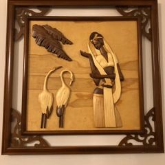Vintage 60cm Vietnamese 3D Wood Intarsia Relief Art - Hand Carved Crane Longevity Panel
