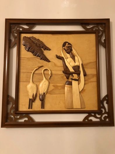Vintage 60cm Vietnamese 3D Wood Intarsia Relief Art - Hand Carved Crane Longevity Panel