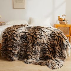 Luxury Decorative Faux Fur Blanket, Tiger Print Brown, Twin/Double  150x200cm, Soft Big Fluffy Bed Blanket, Shaggy Plush Farmhouse Couch Throw, Furry Fuzzy Blanket for Bedroom Living Room