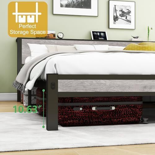 Metal King Size Bed Frame with Storage Wooden Headboard