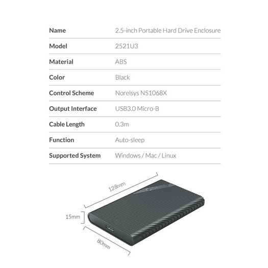 ORICO USB 3.0 (UASP) 5Gbps to SATA 2.5" HDD/SSD Enclosure with Auto Sleep Mode (Brand New/Warranty)